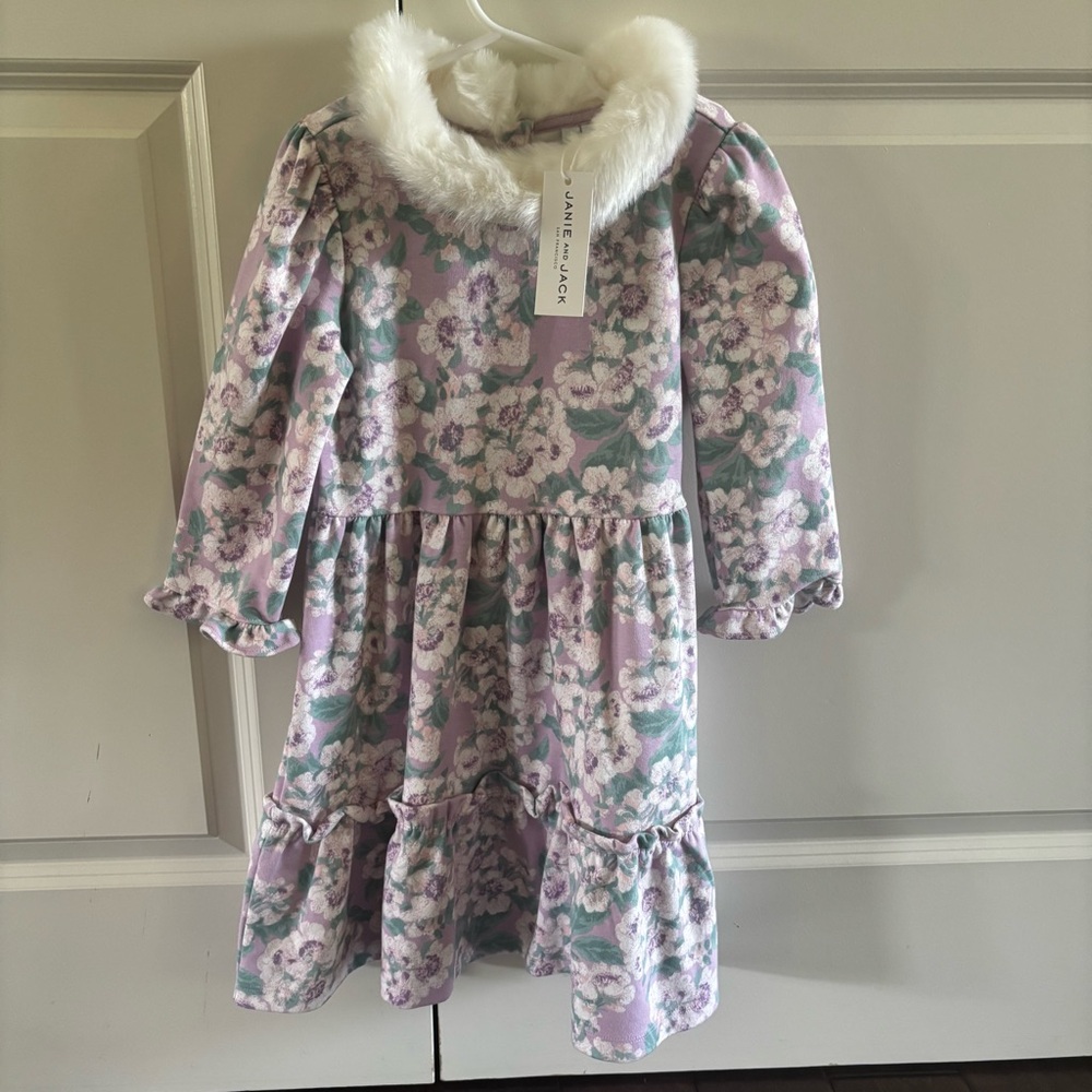 Janie and Jack Purple Floral Dress with Faux Fur Collar
